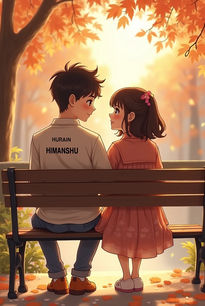 A beautiful girl whose name is HURAIN written on her clothes and a handsome boy whose name is HIMANSHU written on his clothes, both together. and who is sitting on a bench