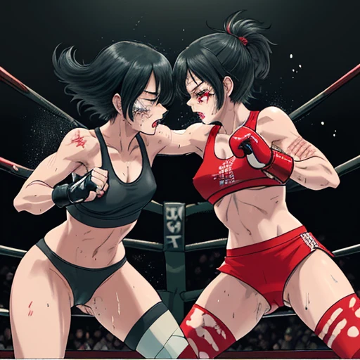 punch, punch, punch. two bloody beautiful Japanese female fighters are looking at each eyes. life or death struggle. survival battle. dynamic exciting action in the octagon fighting ring. whole body picture. they are beating each other so hard. their punches to each other's faces. they are covered in scars and bruises. they are damaged terribry. Short-cut black hair, out of breath, drooling from mouth, one eye closed, exhausted, drenched in sweat. Erect nipples. open finger glove. sports-bra, high-leg panty. Stockings. armwarmers. Whittled waistline,