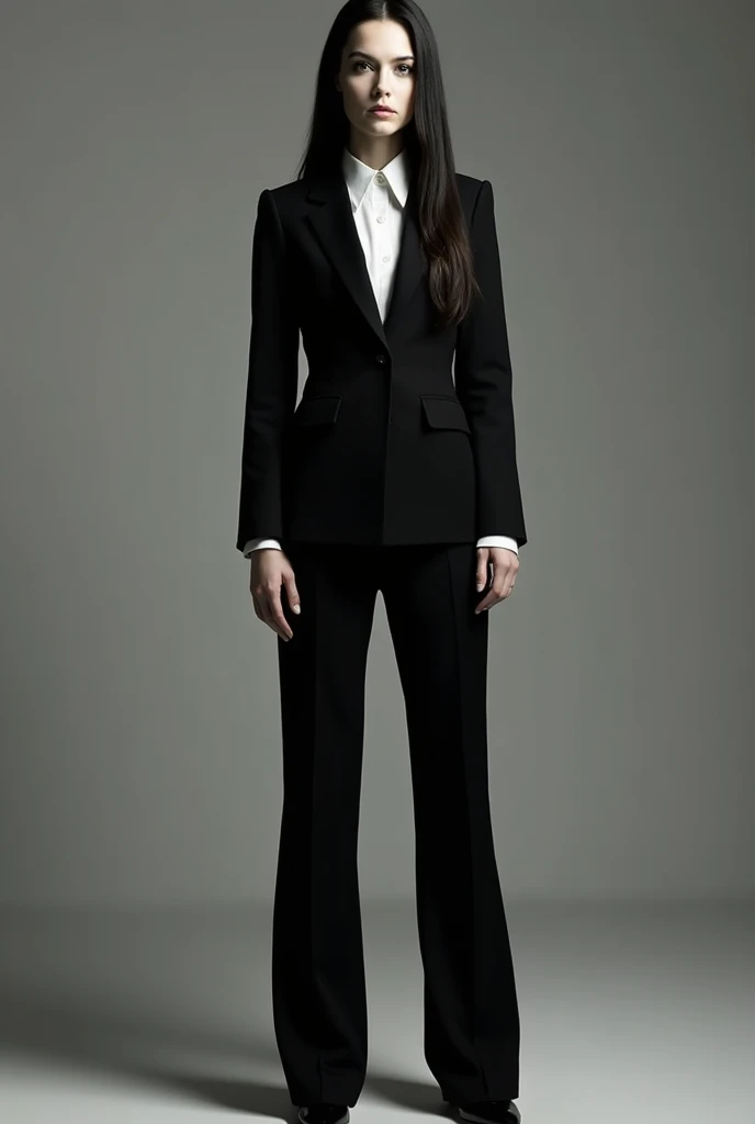 Standing, legs are open、shining white skin、(serious facial expression:1.5), (Black business suit:1.4), (((Full body like)))、((masuter piece))、 super fine face and eyes，thin and long legs, Straight long hair, Colossal 