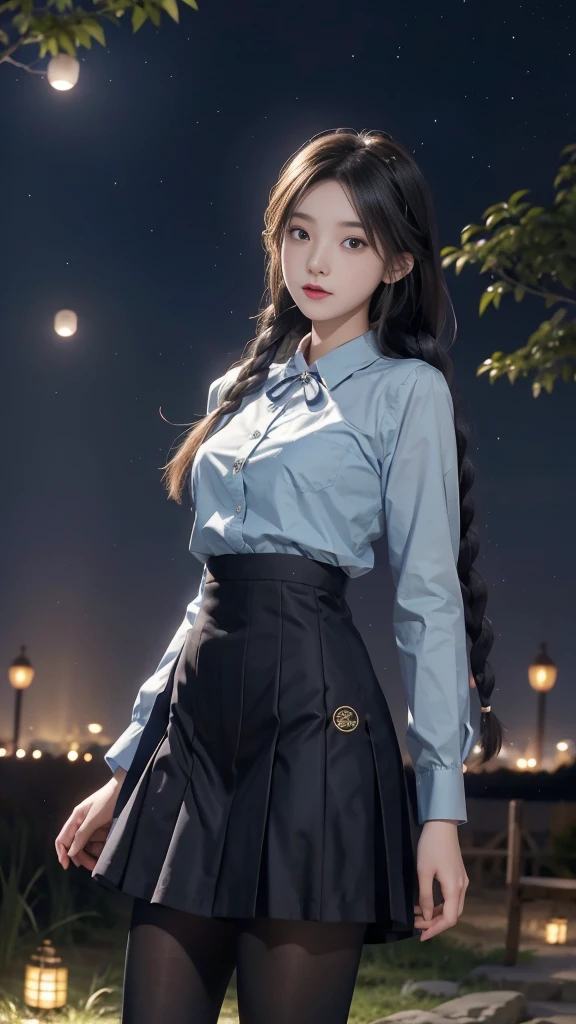 ulzzang-6500-v1.1, (RAW photo: 1.2), (Real photo), (Real photo: 1.4), 1 girl、Perfect anatomy、19 years old、Looking at the camera、Medium length hair、side braids, uniform short skirt, in a surreal royal garden, with many hanging lanterns, under the starry night sky, ((starry night: 1.1))、(Surreal tights: 1.2), (Business service)、Asian eyes Ella,