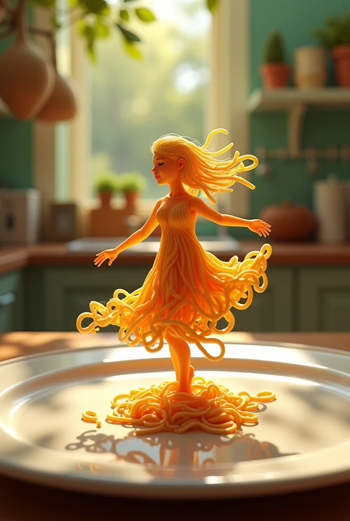 " A whimsical miniature figure composed 
of delicately arranged noodles poised in a carefree dance on the rim of a plate white shiny plate set on a table vibrant kitchen backdrop. where dappled sunlight tilters through the canopy above
Casting intricate shadows. the overall aesthetic is ethereal. with warm. earthy
tones of sienna umber, infused with hints of emerald and golden light, evoking a acnse of wonder and enchantment as if 
Plucked from a fantastical realm,,