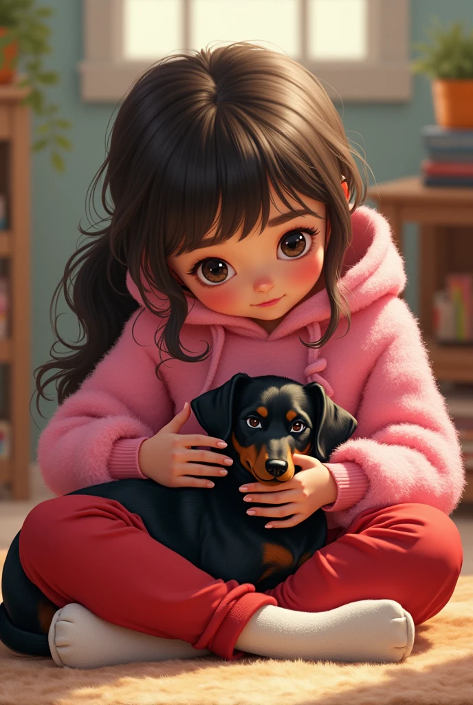 A girl named Giovanna wearing a pink furry sweatshirt with a panda print, she is wearing red pants, a white sock, dark brown hair, with a black pinscher dog on her lap