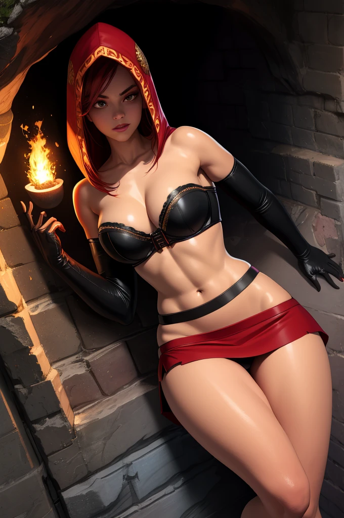 Dsorceress, redhair, shadowy face,dark cave, fire, hood, shadowed cute face, mini skimpy strapless bra, slim and athletic body, skinny thighs, skimpy slit miniskirt, no underwear, no panty, elbow gloves, dark skin, 1 girl (insanely detailed, masterpiece, best quality)