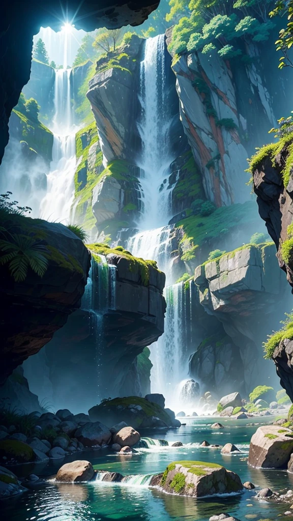 View from afar of a very abundant waterfall, The water looks bright and sparkly illuminated by sunlight. It is surrounded by rocks and very green and lush vegetation.. super detailed image