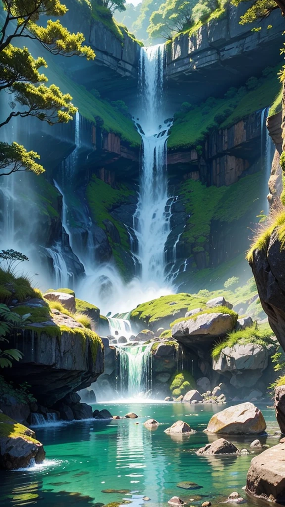 View from afar of a very abundant waterfall, The water looks bright and sparkly illuminated by sunlight. It is surrounded by rocks and very green and lush vegetation.. super detailed image