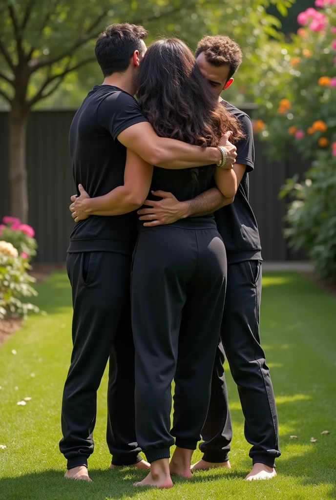 Black wavy hair in the garden, black sweatpants, Barefoot woman. 2 men touching woman's butt