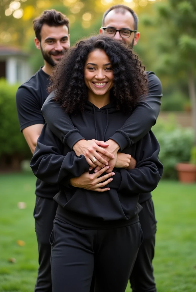 Black wavy hair in the garden, black sweatpants, Barefoot woman. 2 men hugging a woman from behind