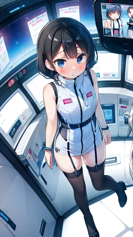 (Highest quality), (masterpiece), 1080P, High resolution, 4K, 8k, Inside the space station、Futuristic room、Thigh straps, Shooting from directly below, The woman on top of me, 白いSweat, Covered , Sweat, Woman looking down, Skirt swimsuit, Thigh-high socks, To achieve this, , , whole body, Black leather shoes, Braided hair, Inner Color, Embarrassed face, Short black hair, bracelet, Bedroom,celestial body_Vest