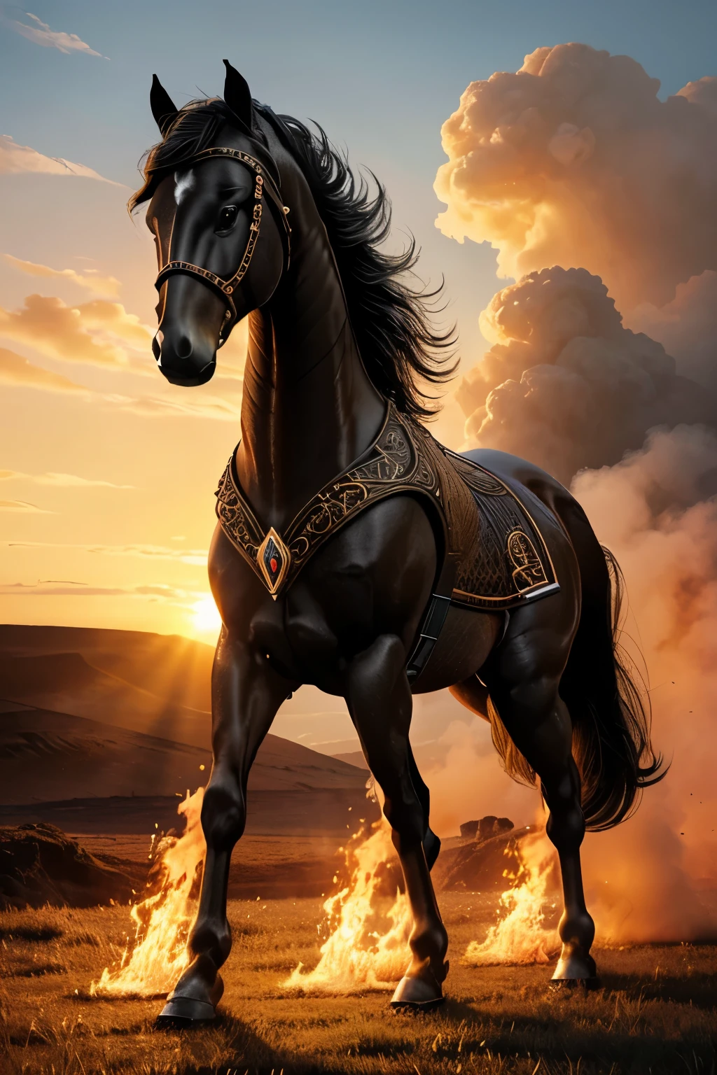 best quality, very good, 16K, ridiculous, Extremely detailed, Lovely(((horse:1.3)))，Made of translucent boiling lava, Background grassland（（A masterpiece full of fantasy elements）））， （（best quality））， （（Intricate details））（8k）