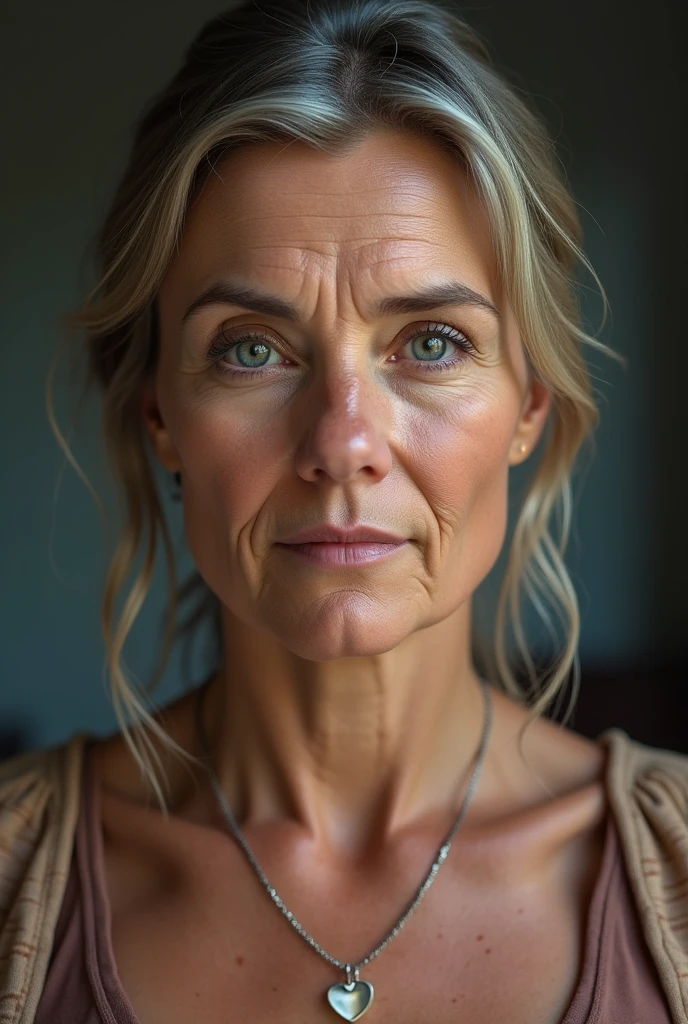 45 year old mature simple woman, wrinkles on the face, Blue eyes, not a perfect face, (photorealistic:1.4, extremely complex:1.3, radiation, photon mapping, dtx, 8 K), ((((heart necklace close up, casual wear, [medium breast:Big breasts:0.8])), [Skin detail:freckles:0.7], natural), Bock effect, blurred background, Focus on face, street realistic light, no nudity, No eroticism