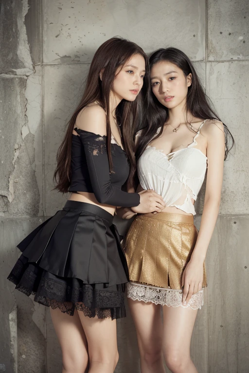(((original photography:1.2))),((Realism:1.3)),2 girls standing together,((Lace skirt)),Full body portrait,Very detailed face,exquisite eyes,Charming eyes,Realistic skin texture, (fashion style:1.3) ,(Torn skirt:1.3), Golden body proportions, messy long hair, (very detailed) ,damaged skirt,((lift each other's skirts)),precise, Dramatic