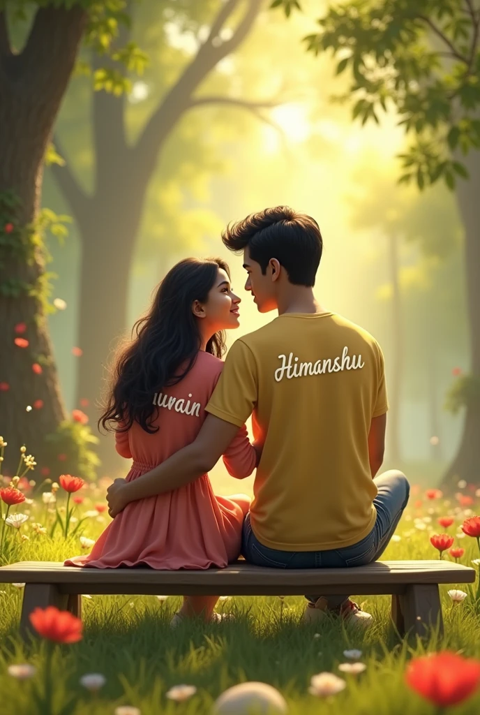 A beautiful girl whose name is HURAIN written on her clothes and a handsome boy whose name is HIMANSHU written on his clothes, both together. and who is sitting on a bench