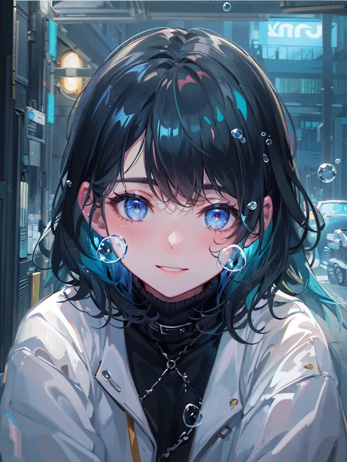 ((top-quality)), ((​masterpiece)), ((Ultra-detail)), (extremely delicate and beautiful), girl with, solo, cold attitude,((Black jacket)),She is very(relax)with  the(Settled down)Looks,A darK-haired, depth of fields,evil smile,Bubble, under the water, Air bubble,bright light blue eyes,Inner color with white hair and light blue tips,Cold background,Bob Hair - Linear Art, shortpants、knee high socks、Camisole inner shirt、White uniform