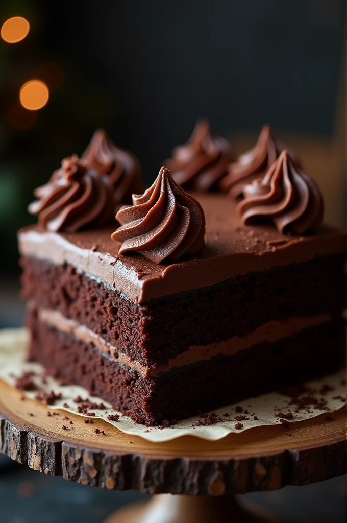 cinematic film still chocolate, chocolate cake, dark background, quality photo, moist texture, frosting, studio photo, slice . shallow depth of field, vignette, highly detailed, high budget, bokeh, cinemascope, moody, epic, gorgeous, film grain, grainy