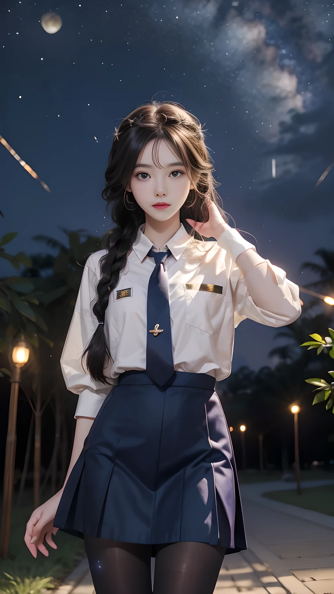 ulzzang-6500-v1.1, (RAW photo: 1.2), (Real photo), (Real photo: 1.4), 1 girl、Perfect anatomy、19 years old、Looking at the camera、Medium length hair、side braids, uniform short skirt, in a surreal royal garden, with many hanging lanterns, under the starry night sky, ((starry night: 1.1))、(Surreal tights: 1.2), (Business service)、Asian eyes Ella,