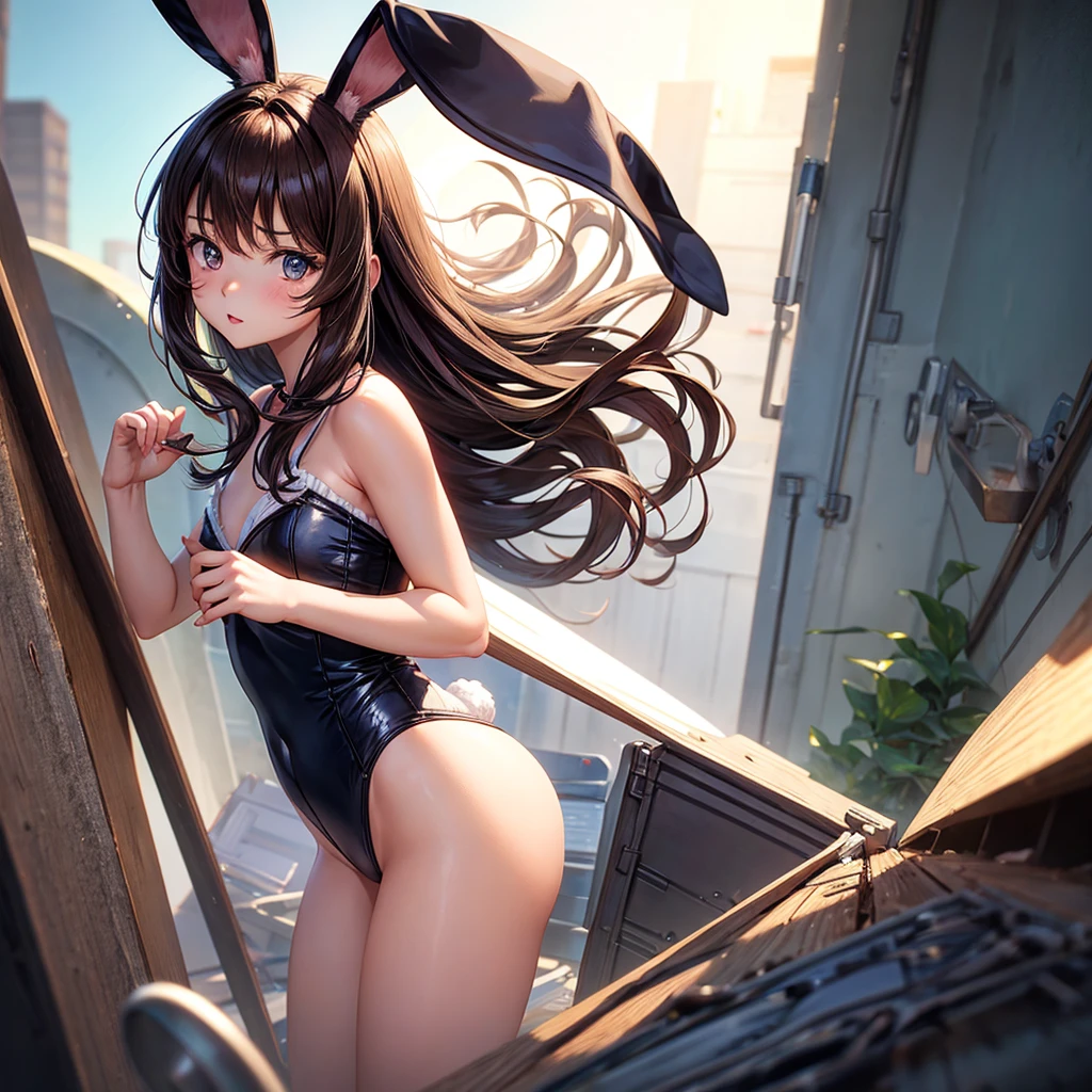 An image of a young brunette Anime girl with bunny ears wearing only an underwear and accidentally pooping