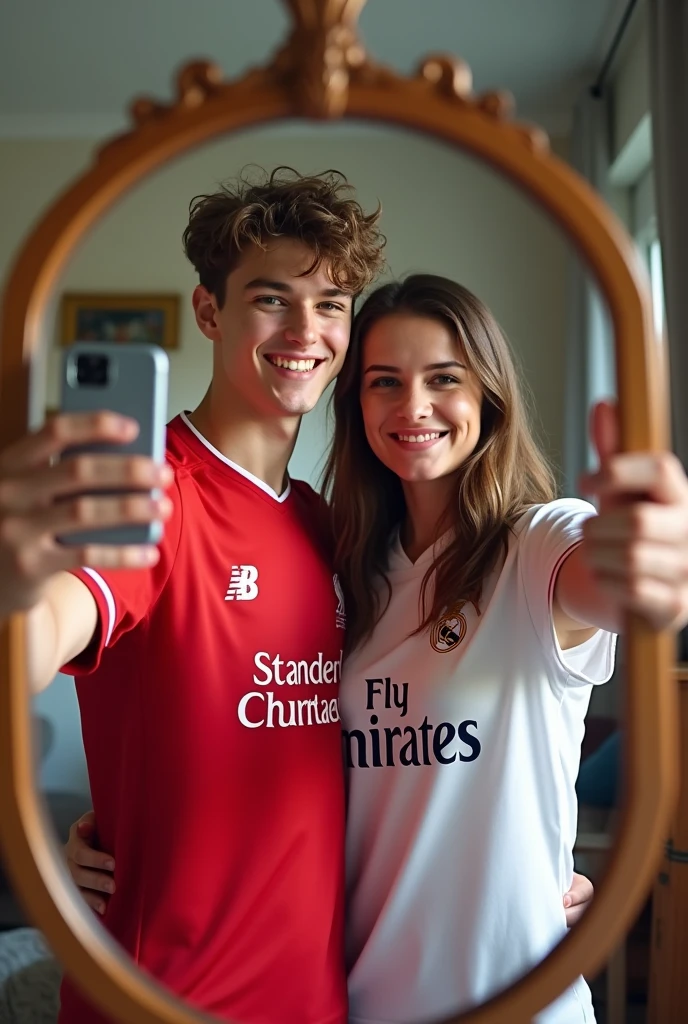 A 22 years old boy, who wear a Liverpool Jersey.. And and a 20 years girl who wear a real madrid Jersey.. They are couple and they click a mirror selfie