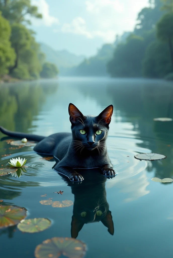 Creates an ultra realistic image of the Dark Wonderland cat floating on a crystal clear lake