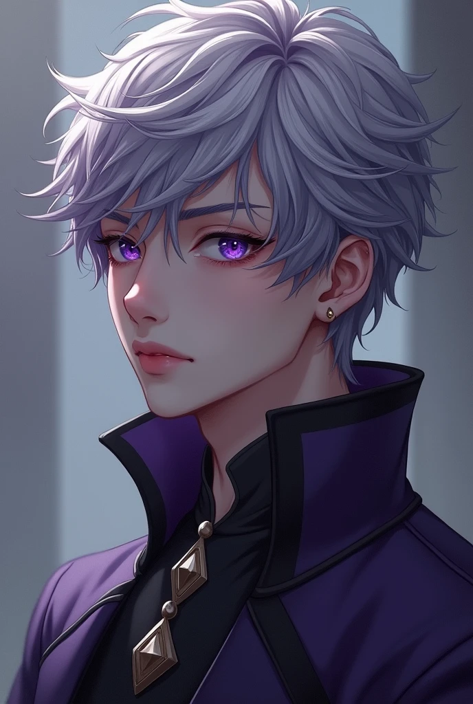 male, Silver-purple hair, Dark purple eyes, languid eyes, 20's, bust, pain, Romance Fantasy, Crown Prince. No crown