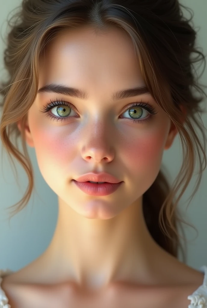 Young 22 years old caucasian woman, green eyes, rounded eye shape, cute gaze, full lips, diamond faceshape, little nose, curved round eyebrows shape