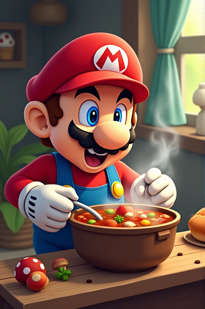 Super Mario eating a mushroom stew