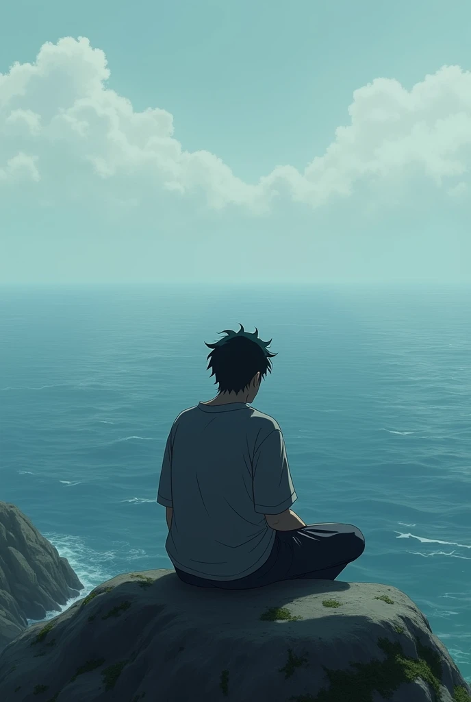 Background Man sat on rock with sadly at ocean anime