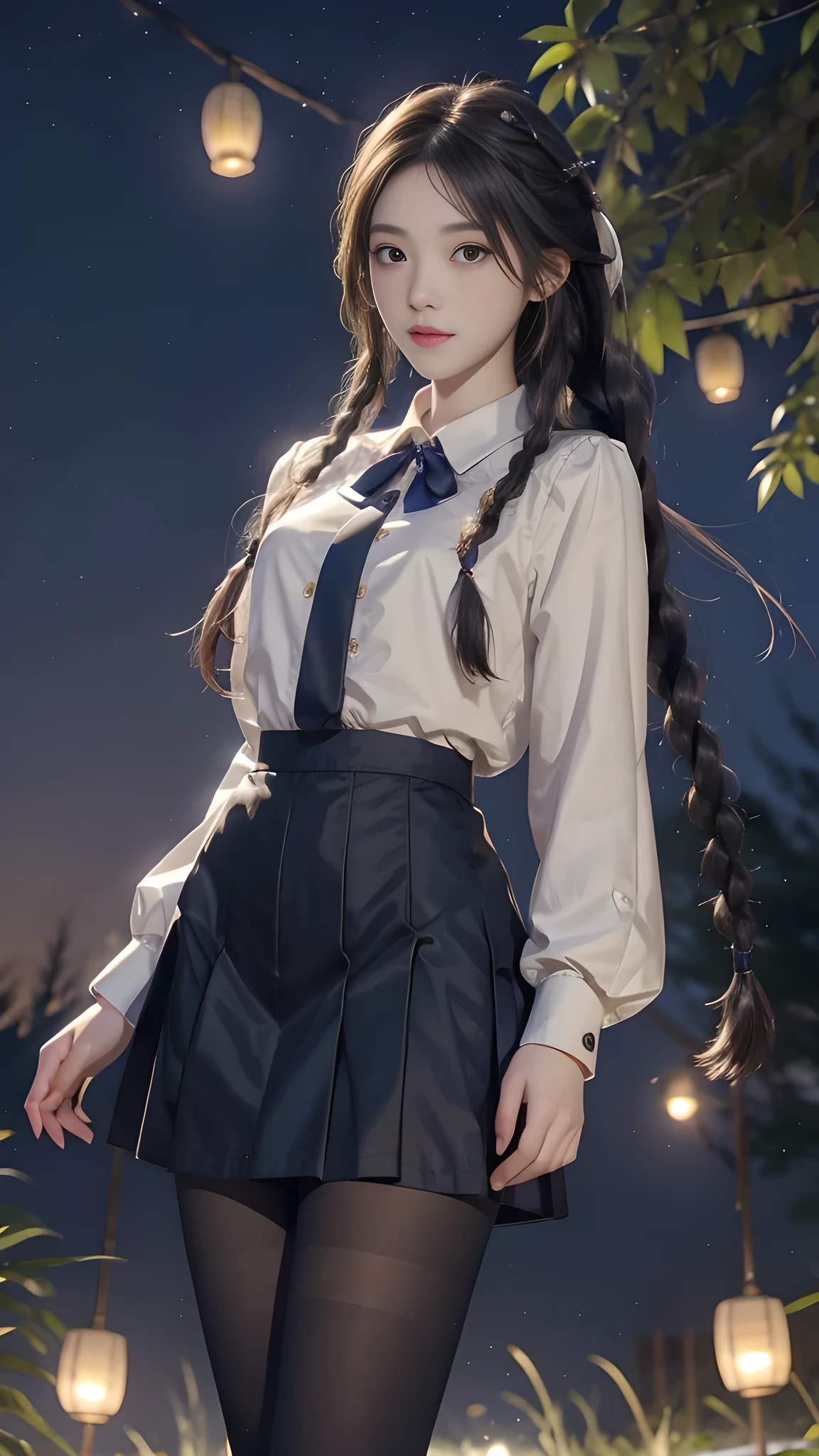 ulzzang-6500-v1.1, (RAW photo: 1.2), (Real photo), (Real photo: 1.4), 1 girl、Perfect anatomy、19 years old、Looking at the camera、Medium length hair、side braids, uniform short skirt, in a surreal royal garden, with many hanging lanterns, under the starry night sky, ((starry night: 1.1))、(Surreal tights: 1.2), (Business service)、Asian eyes Ella,
