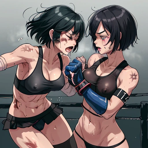 punch, punch, punch. two bloody beautiful Japanese female fighters are looking at each eyes. life or death struggle. survival battle. dynamic exciting action in the octagon fighting ring. whole body picture. they are beating each other so hard. their punches to each other's faces. they are covered in scars and bruises. they are damaged terribry. Short-cut black hair, out of breath, drooling from mouth, one eye closed, exhausted, drenched in sweat. Erect nipples. open finger glove. sports-bra, high-leg panty. Stockings. armwarmers. Whittled waistline,