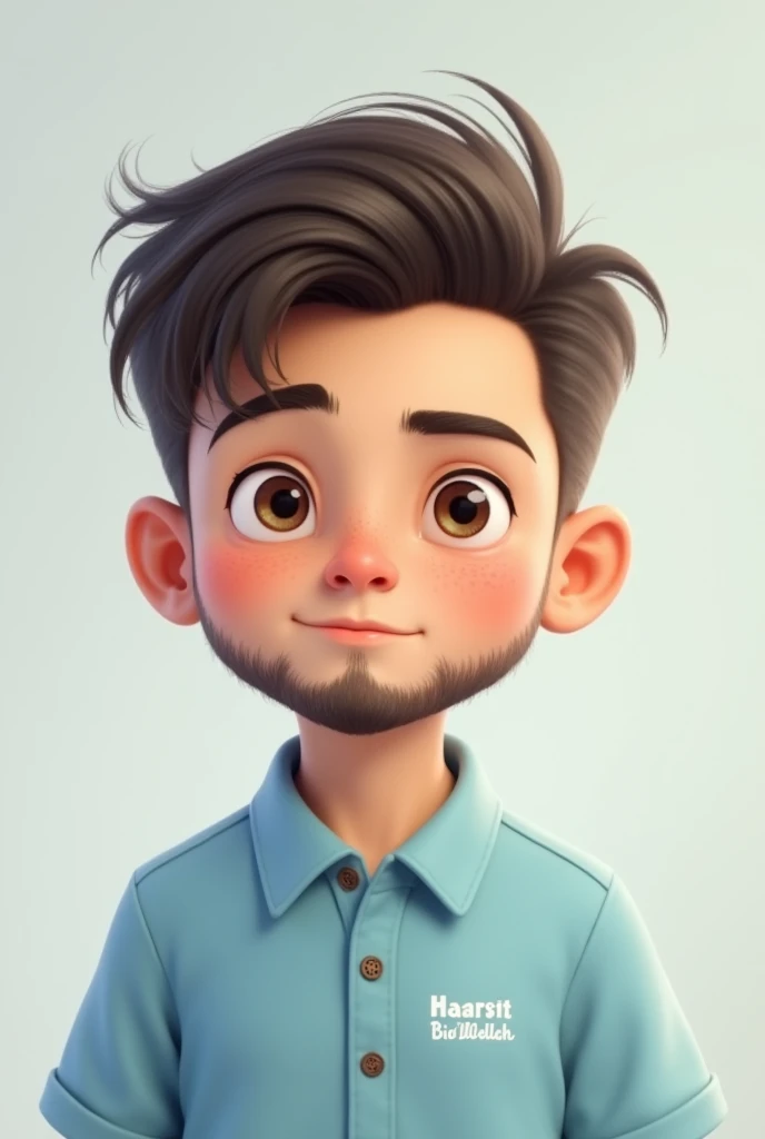 Make a cute boy with small beard with front view and also see in the front image without smile with a light blue colour new shirt and written on the shirt Harsit Bio Wallah