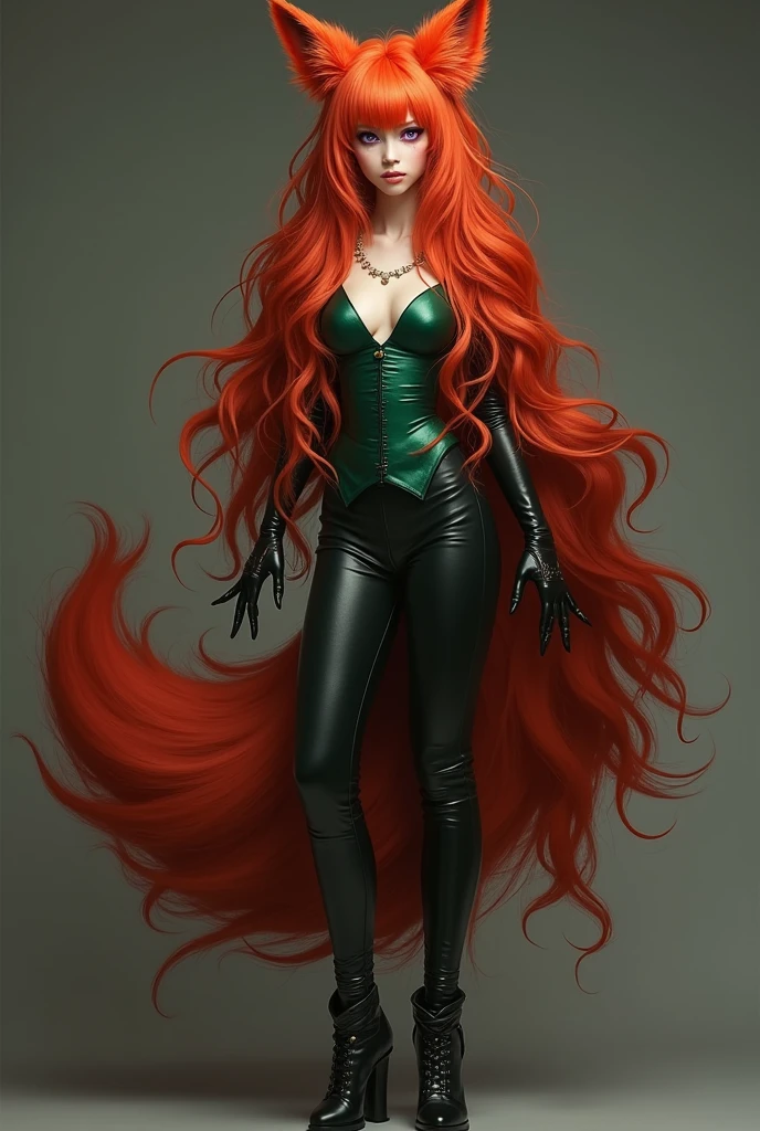 Kitsune in human form, long curly copper red hair, red tail, red cat ears, violet cat eyes, Caucasian skin, leather pants, tight blouse in leaf green, black leather boots and long, sharp nails