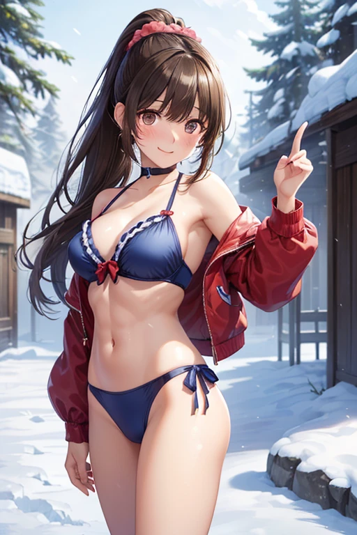 (photorealistic:1.5, highest quality,masterpiece,High resolution,muste piece),snow mountainに立つ1人の23歳の女性,(red bondage string bikini swimsuit:1.5,Down jacket:1.3,choker), detailed eyes:1.7,detailed eyes:1.8,beautiful skin:1.8, (looking at the camera:1.2),(A photo seen from the bottom of the back:1.3),(Medium Hair:1.2,light brown hair:1.5), expression( Smile:1.3,blushing:1.3),Pause( 大きく足を開いた大胆なPause,Seductive pose:1.5),background(snow mountain:1.5,Forest),(Medium chest,slender, abs:1.2), (Underwear visible through clothing),(Butt visible through clothes),(detailed perfect face),normal hands:1.5,normal finger:1:5,normal feet:1.5,(cameltoe)