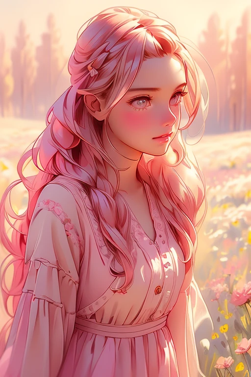 view full of an illustration of a beautiful , beautiful big eyes, with long hair tied back, wearing a beautiful pink dress, looking at the camera, walking through a meadow with flowers, hummingbirds and butterflies.