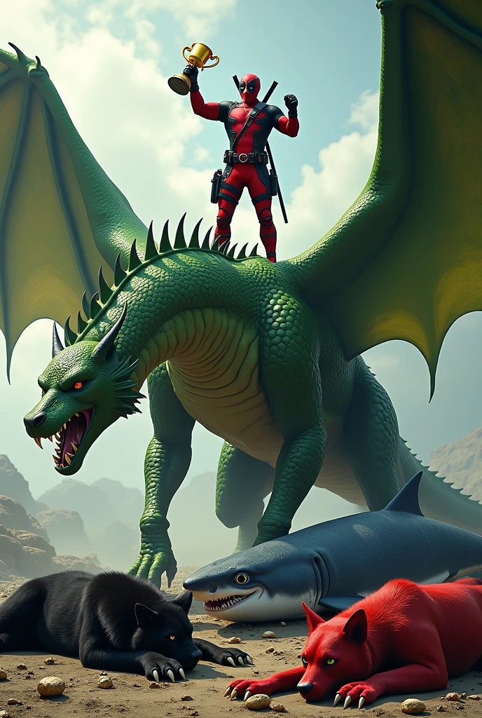 Deadpooll on top of a green dragon holding a trophy and below a black panther a red wolf a blue shark and a whale all dead
