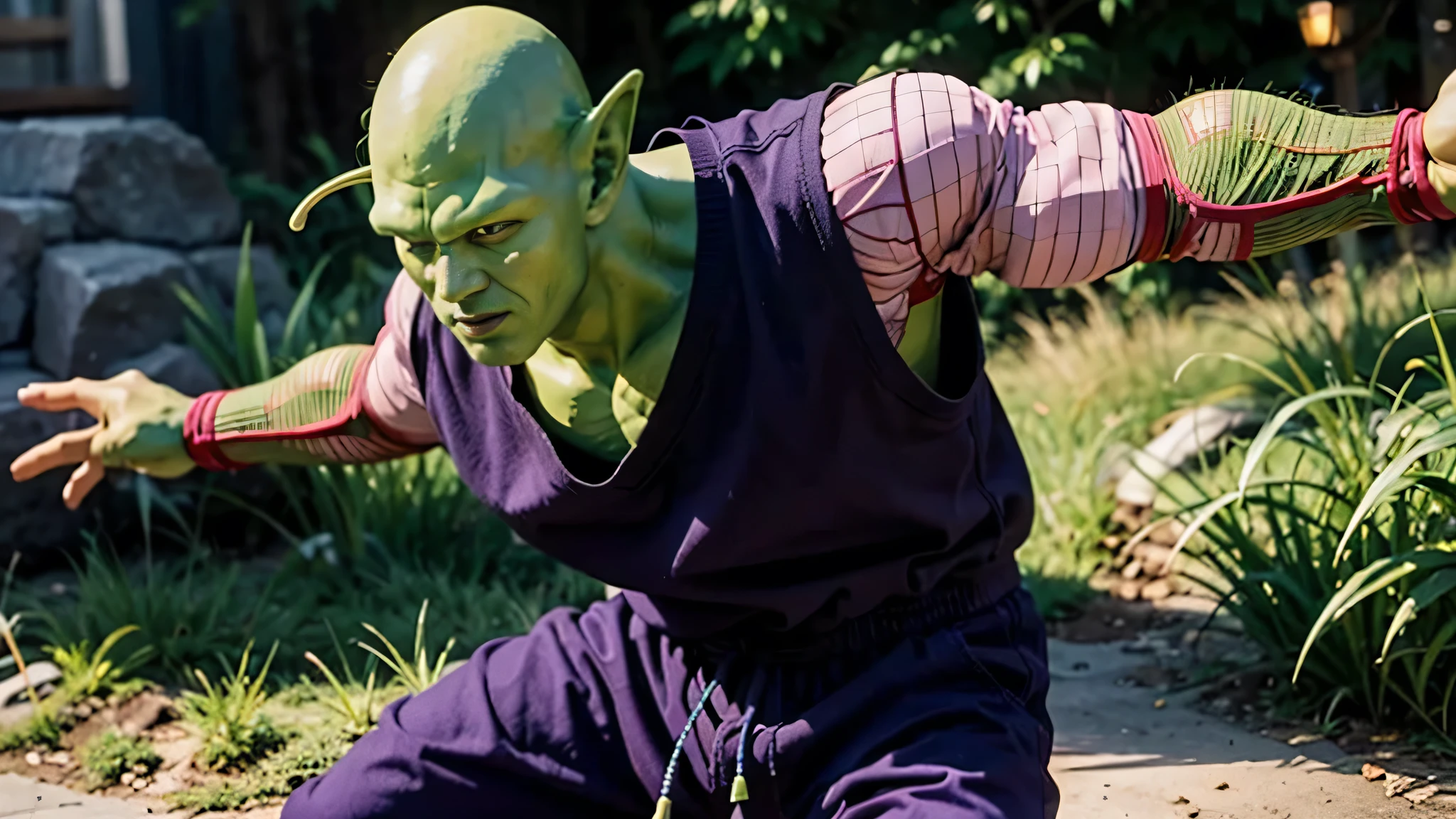 artwork, best quality, realistic, photorealistic, 8K, Small, 1 boy, male focus, (((Alone))), standing, Pointy ears, (purple dougi), green skin, oni horns, Purple pants, mouth closed, Looking at viewer, ((Bald)), arms at side, pink spots, black eyes, blue stripe, deep dark background.