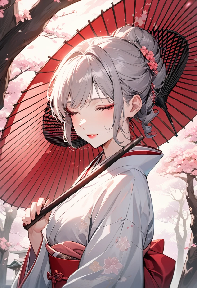 A hyper realistic Anime style portrait, Create a digital painting of an elegant woman dressed in a traditional Japanese kimono with a modern twist. The kimono is primarily black, providing a strong and sophisticated base, and features red and pink cherry blossom patterns that add warmth and delicacy. The red obi (belt) complements the kimono and adds a vibrant contrast. The woman is holding a large red umbrella above her, with subtle highlights that suggest sunlight filtering through. Her eyes are closed, exuding grace and serenity, and her hair is styled in a neat updo with soft waves. The background should depict a serene Japanese garden with cherry blossom trees in full bloom and a traditional pagoda structure in muted reds, with soft pastel hues creating a peaceful atmosphere. The textures should be smooth and polished, with the kimono appearing silky and luxurious, and the cherry blossoms delicate and soft. The overall atmosphere should be calm and sophisticated, with a harmonious blend of colors and textures that emphasize the character’s elegance and the serene setting