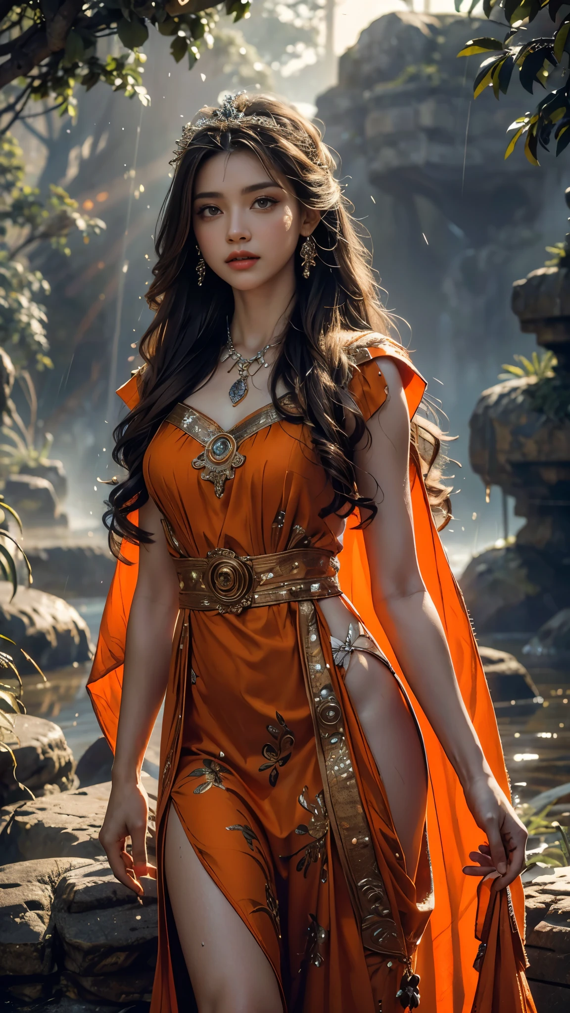 4K, UHD, Masterpiece, 1 girl, good face, detailed eyes, ((very long hair)), bridal hairstyle, butterfly on hair, ornaments, crystal ornaments, jwellery, block print dress, ((orange dress)), very detailed dress, strap dress, flowing cape, mesh stocking, cinematic unreal scenery, legendary scenery, rainy weather, wet ground, depth of field, ray tracing, bloom, god rays, lens flare, sun flare, cinematic pose,