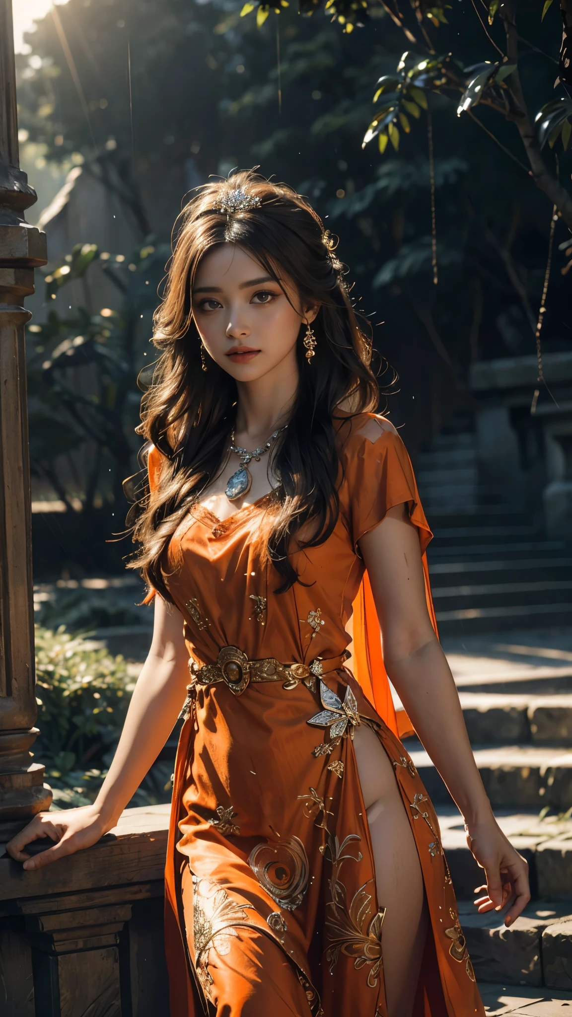 4K, UHD, Masterpiece, 1 girl, good face, detailed eyes, ((very long hair)), bridal hairstyle, butterfly on hair, ornaments, crystal ornaments, jwellery, block print dress, ((orange dress)), very detailed dress, strap dress, flowing cape, mesh stocking, cinematic unreal scenery, legendary scenery, rainy weather, wet ground, depth of field, ray tracing, bloom, god rays, lens flare, sun flare, cinematic pose, 