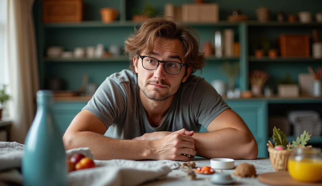 Hedonic Adaptation: A person surrounded by material possessions, yet their expression is one of dissatisfaction.