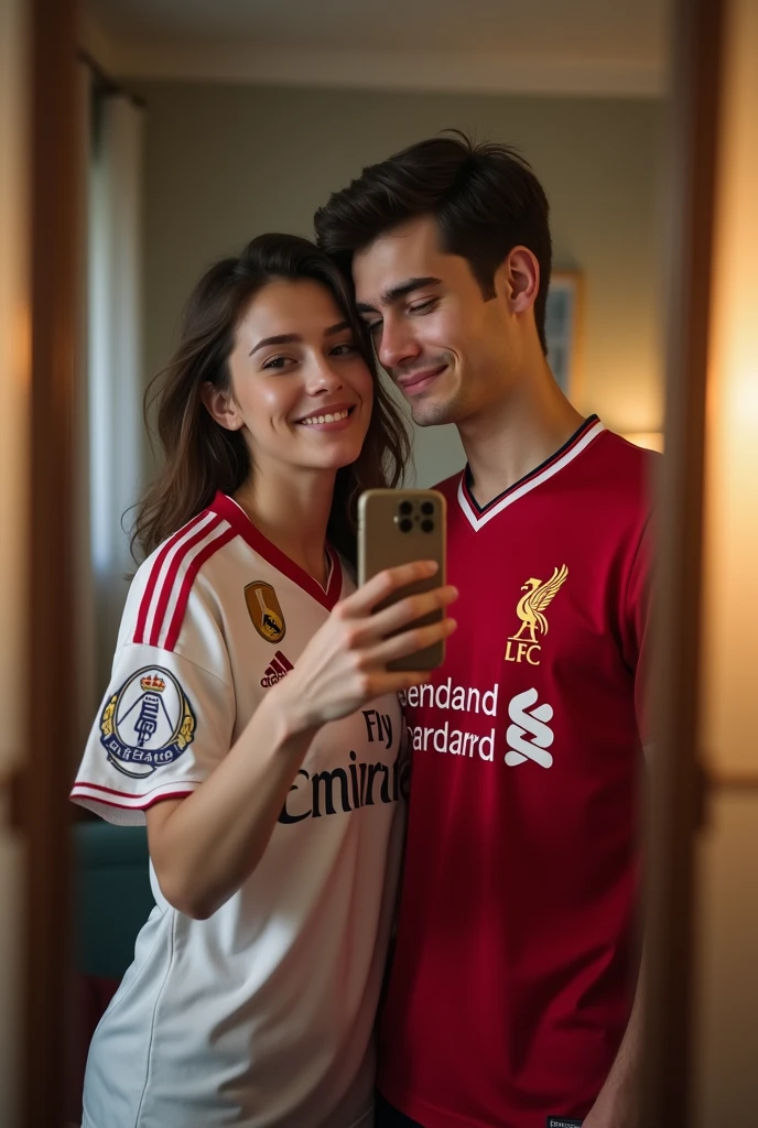 A 22 years old boy, who wear a Liverpool Jersey..  And and a 20 years girl who wear a real madrid Jersey.. They are couple and they click a mirror selfie 

