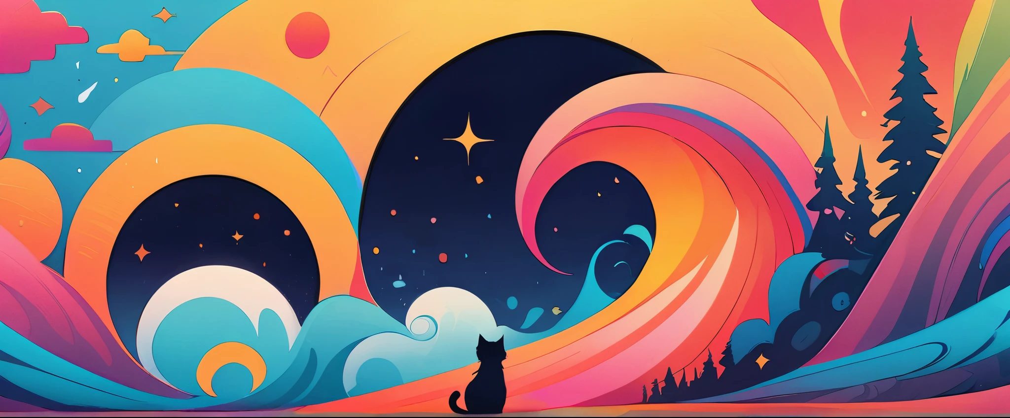 Super nice background,clean background,abstract painting,Vibrant colors,a cat,under the sun,trees