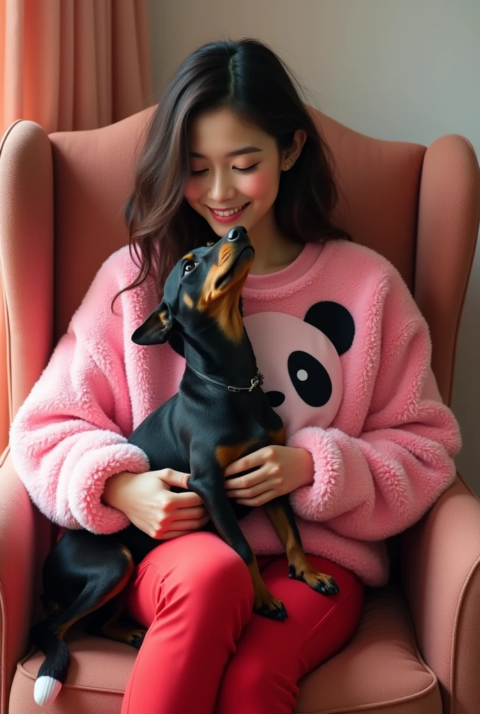 A young adult named Giovanna wearing a pink furry sweatshirt with a panda print, she is wearing red pants, a white sock, dark brown hair, sitting on a chair with a black pinscher dog on her lap