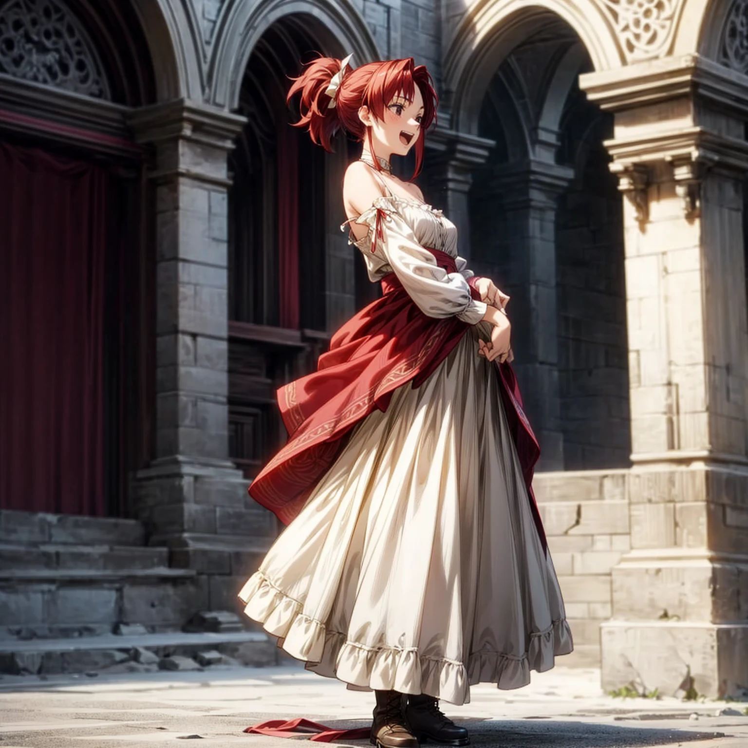 Solo character, full body version, young girl, black eyes, red color hair, long hair, ponytail, long dress clothing, Victorian dress, white color dress, bare shoulder clothing, boots, outdoor, village, medieval, morning, standing gesture, detailed background, detailed clothing, detailed hair, happy eyes, open mouth, Medium breast 