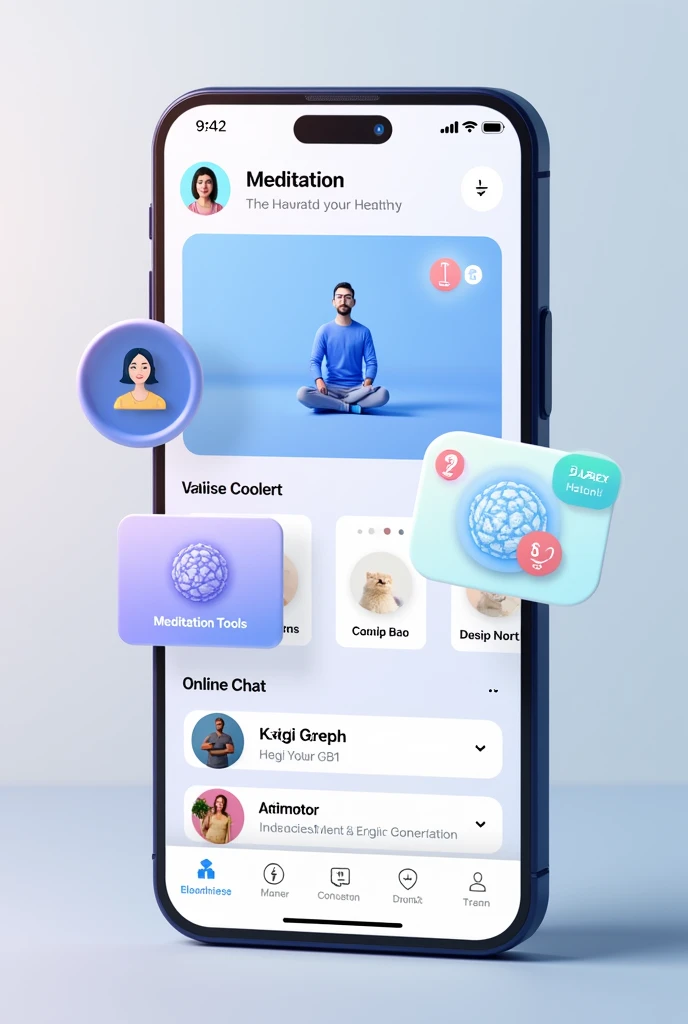 I need you to generate an image with a prototype of the application
"Mental Health Platform for University Students" that illustrate the functionalities: meditation tools, online chat, 
and educational resources. 
