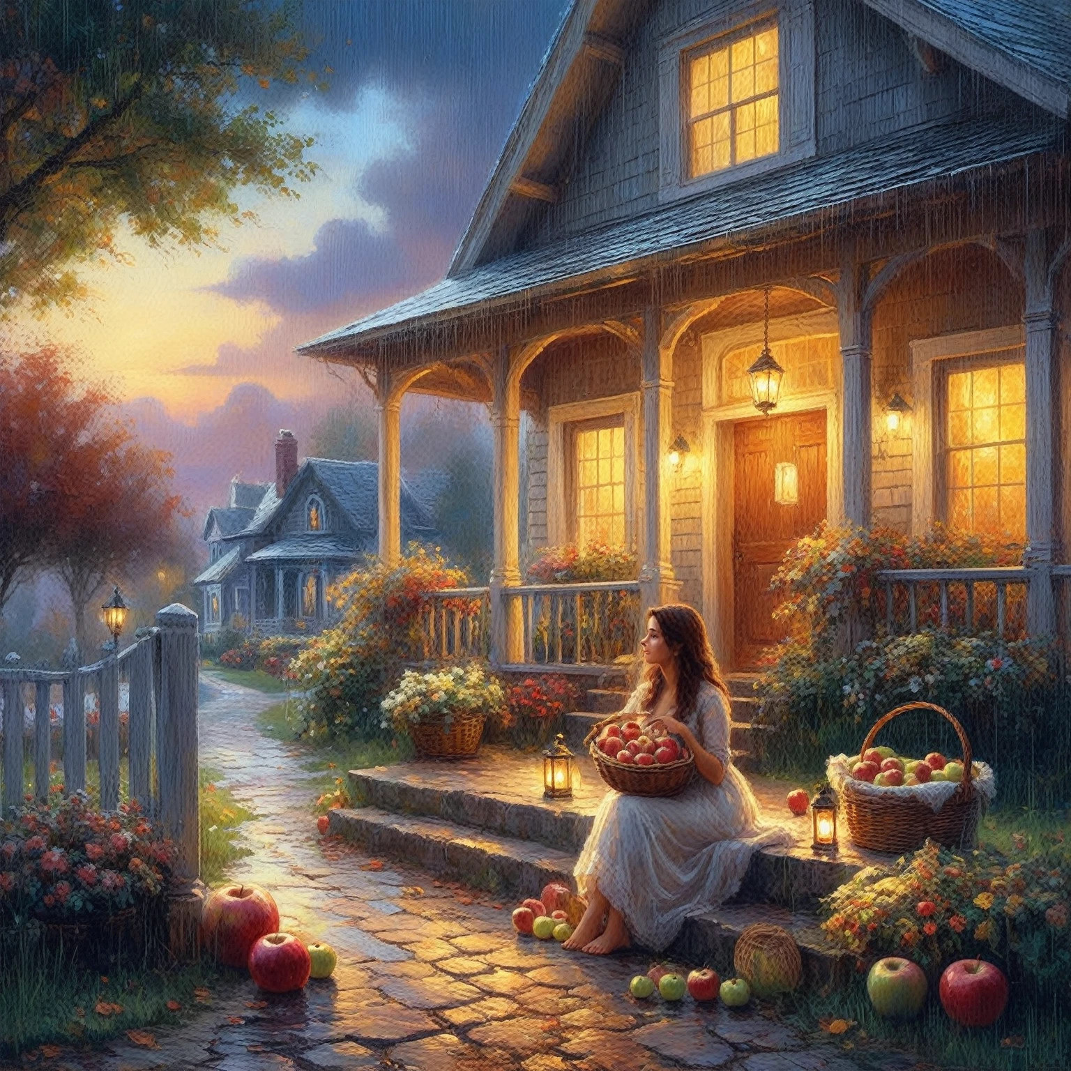 painting of a woman sitting on a porch with a basket of apples, romantic painting, warm beautiful scene, 8 k hd detailed oil painting, beautiful digital artwork, detailed painting 4 k, thomas kinkade style painting, by Thomas Kinkade, by thomas kinkade, beautiful digital painting, autumn season, beautiful painting, beautiful fantasy painting, thomas kinkade painting