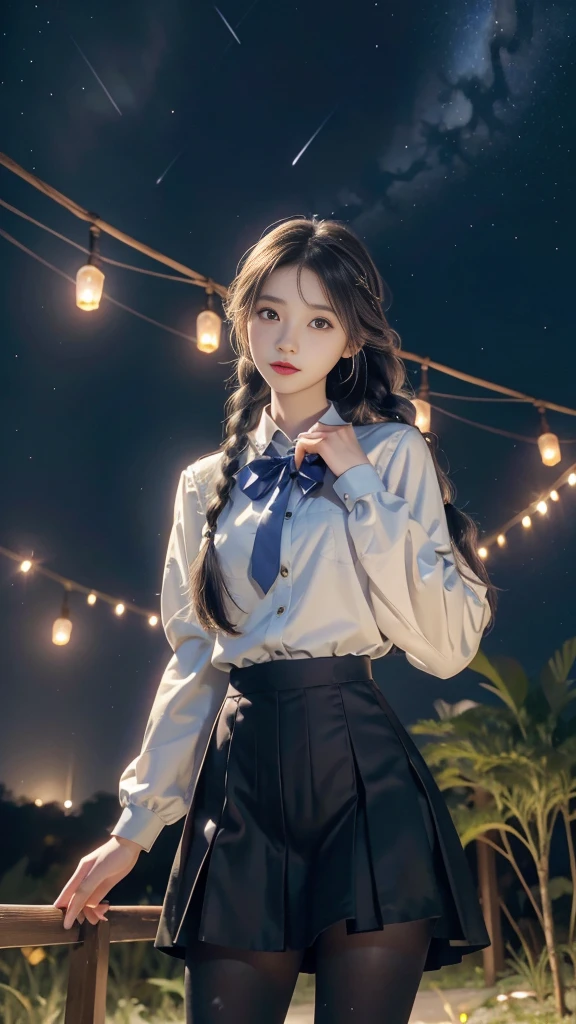 ulzzang-6500-v1.1, (RAW photo: 1.2), (Real photo), (Real photo: 1.4), 1 girl、Perfect anatomy、19 years old、Looking at the camera、Medium length hair、side braids, uniform short skirt, in a surreal royal garden, with many hanging lanterns, under the starry night sky, ((starry night: 1.1))、(Surreal tights: 1.2), (Business service)、Asian eyes Ella,