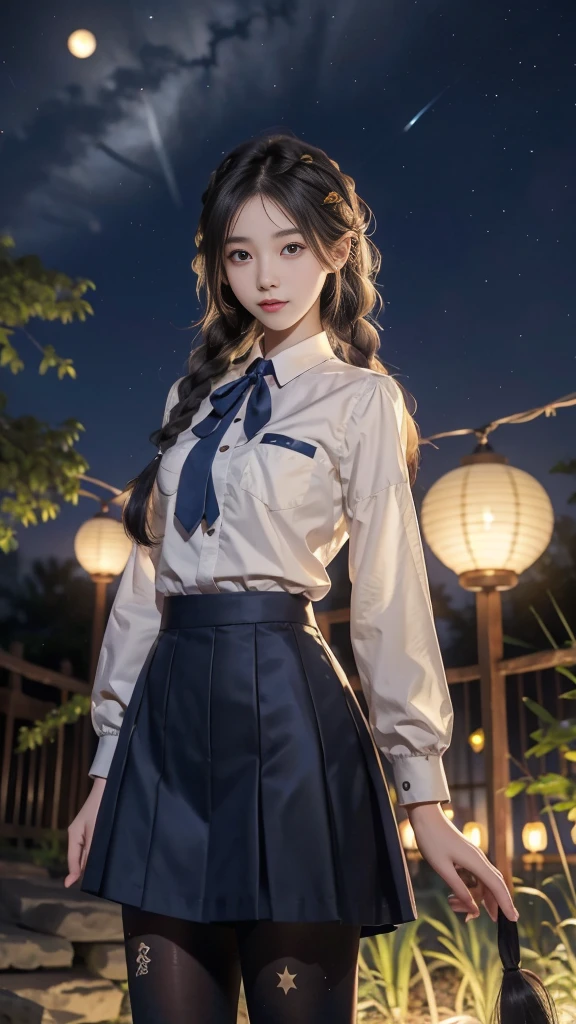 ulzzang-6500-v1.1, (RAW photo: 1.2), (Real photo), (Real photo: 1.4), 1 girl、Perfect anatomy、19 years old、Looking at the camera、Medium length hair、side braids, uniform short skirt, in a surreal royal garden, with many hanging lanterns, under the starry night sky, ((starry night: 1.1))、(Surreal tights: 1.2), (Business service)、Asian eyes Ella,