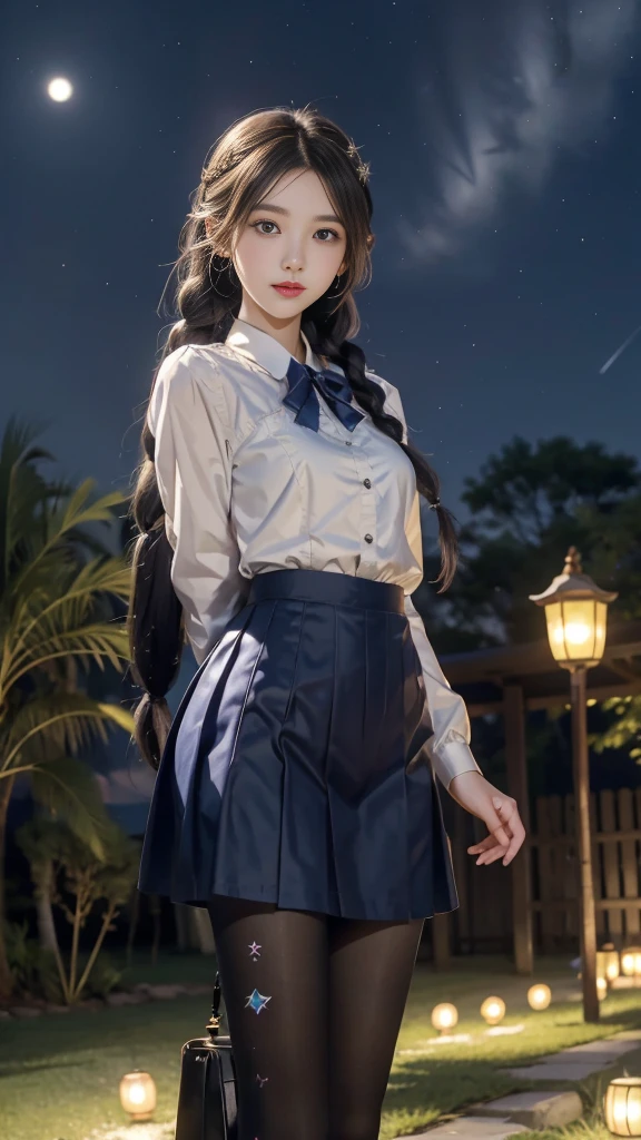 ulzzang-6500-v1.1, (RAW photo: 1.2), (Real photo), (Real photo: 1.4), 1 girl、Perfect anatomy、19 years old、Looking at the camera、Medium length hair、side braids, uniform short skirt, in a surreal royal garden, with many hanging lanterns, under the starry night sky, ((starry night: 1.1))、(Surreal tights: 1.2), (Business service)、Asian eyes Ella,