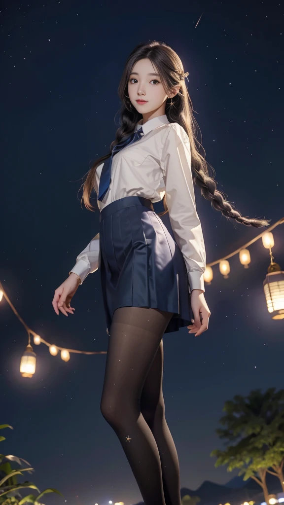 ulzzang-6500-v1.1, (RAW photo: 1.2), (Real photo), (Real photo: 1.4), 1 girl、Perfect anatomy、19 years old、Looking at the camera、Medium length hair、side braids, uniform short skirt, in a surreal royal garden, with many hanging lanterns, under the starry night sky, ((starry night: 1.1))、(Surreal tights: 1.2), (Business service)、Asian eyes Ella,