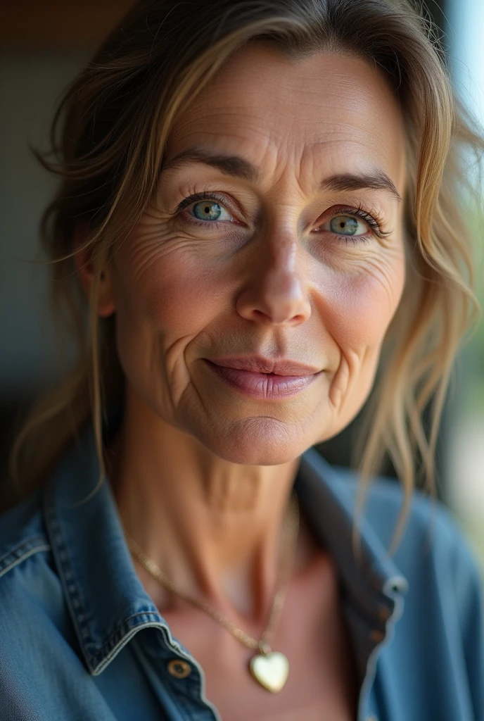 45 years old mature simple but beautiful woman, wrinkles on the face, Blue eyes, not a perfect face, (photorealistic:1.4, extremely complex:1.3, radiation, photon mapping, dtx, 8 K), ((((heart necklace close up, casual wear, [medium breast:Big breasts:0.8])), [Skin detail:freckles:0.7], natural), Bock effect, blurred background, Focus on face, street realistic light, no nudity, No eroticism
