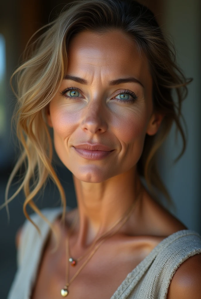 45 years old mature simple but beautiful woman, wrinkles on the face, Blue eyes, not a perfect face, (photorealistic:1.4, extremely complex:1.3, radiation, photon mapping, dtx, 8 K), ((((heart necklace close up, casual wear, [medium breast:Big breasts:0.8])), [Skin detail:freckles:0.7], natural), Bock effect, blurred background, Focus on face, street realistic light, no nudity, No eroticism